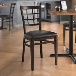 New ⌛ LT&S Spartan Series Lancaster Table & Seating Spartan Series Metal Window Back Chair With Walnut Wood Grain Finish And Black Vinyl Seat 💯