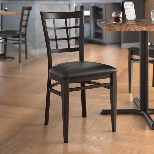 New โ LT&S Spartan Series Lancaster Table & Seating Spartan Series Metal Window Back Chair With Walnut Wood Grain Finish And Black Vinyl Seat ๐ฏ