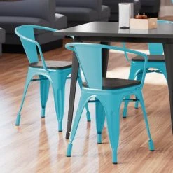 Cheapest ✨ LT&S Alloy Series Lancaster Table & Seating Alloy Series Arctic Blue Metal Indoor Industrial Cafe Arm Chair With Vertical Slat Back And Black Wood Seat 🎁