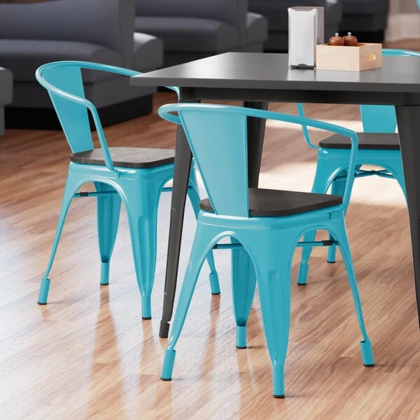 Cheapest โจ LT&S Alloy Series Lancaster Table & Seating Alloy Series Arctic Blue Metal Indoor Industrial Cafe Arm Chair With Vertical Slat Back And Black Wood Seat ๐