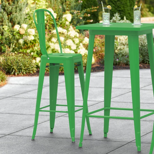 Budget โ๏ธ LT&S Alloy Series Lancaster Table & Seating Alloy Series Green Metal Indoor / Outdoor Industrial Cafe Barstool With Vertical Slat Back And Drain Hole Seat ๐คฉ