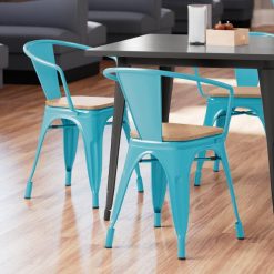 Cheapest ⭐ LT&S Alloy Series Lancaster Table & Seating Alloy Series Arctic Blue Metal Indoor Industrial Cafe Arm Chair With Vertical Slat Back And Natural Wood Seat ????