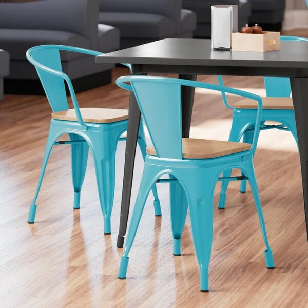 Cheapest โญ LT&S Alloy Series Lancaster Table & Seating Alloy Series Arctic Blue Metal Indoor Industrial Cafe Arm Chair With Vertical Slat Back And Natural Wood Seat ๐งจ