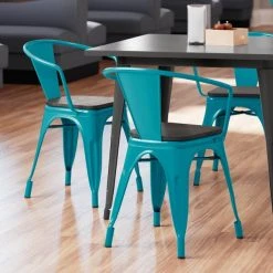 Best Pirce 🎁 LT&S Alloy Series Lancaster Table & Seating Alloy Series Teal Metal Indoor Industrial Cafe Arm Chair With Black Wood Seat 💯