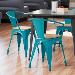 Budget ???? LT&S Alloy Series Lancaster Table & Seating Alloy Series Teal Metal Indoor Industrial Cafe Arm Chair With Natural Wood Seat ????
