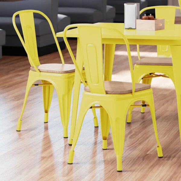 Brand new 🎁 LT&S Alloy Series Lancaster Table & Seating Alloy Series Yellow Metal Indoor Industrial Cafe Chair With Vertical Slat Back And Natural Wood Seat 😉