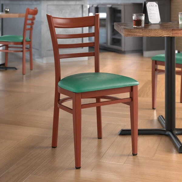Wholesale 🌟 LT&S Spartan Series Lancaster Table & Seating Spartan Series Metal Ladder Back Chair With Mahogany Wood Grain Finish And Green Vinyl Seat ⌛