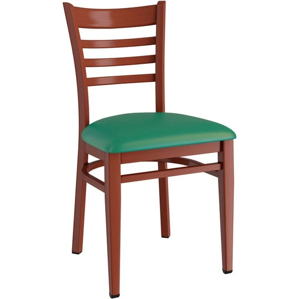 Wholesale 🌟 LT&S Spartan Series Lancaster Table & Seating Spartan Series Metal Ladder Back Chair With Mahogany Wood Grain Finish And Green Vinyl Seat ⌛ - Image 2