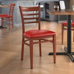 Deals 🤩 LT&S Spartan Series Lancaster Table & Seating Spartan Series Metal Ladder Back Chair With Mahogany Wood Grain Finish And Red Vinyl Seat 👏
