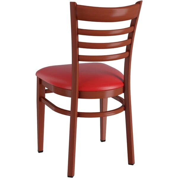 Deals ๐คฉ LT&S Spartan Series Lancaster Table & Seating Spartan Series Metal Ladder Back Chair With Mahogany Wood Grain Finish And Red Vinyl Seat ๐ - Image 3