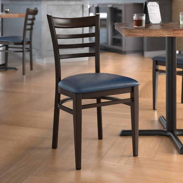Cheapest ๐ LT&S Spartan Series Lancaster Table & Seating Spartan Series Metal Ladder Back Chair With Walnut Wood Grain Finish And Navy Vinyl Seat ๐