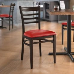 Coupon 😉 LT&S Spartan Series Lancaster Table & Seating Spartan Series Metal Ladder Back Chair With Walnut Wood Grain Finish And Red Vinyl Seat ✨