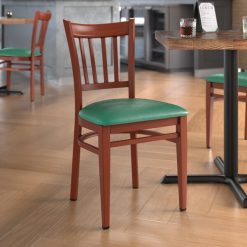 Lancaster Shop 7 Wholesale ???? LT&S Spartan Series Lancaster Table & Seating Spartan Series Metal Slat Back Chair With Mahogany Wood Grain Finish And Green Vinyl Seat ????