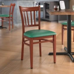 Wholesale 🛒 LT&S Spartan Series Lancaster Table & Seating Spartan Series Metal Slat Back Chair With Mahogany Wood Grain Finish And Green Vinyl Seat 😍