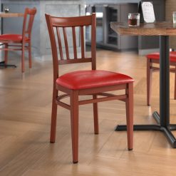 Lancaster Shop 5 Deals ???? LT&S Spartan Series Lancaster Table & Seating Spartan Series Metal Slat Back Chair With Mahogany Wood Grain Finish And Red Vinyl Seat ✨