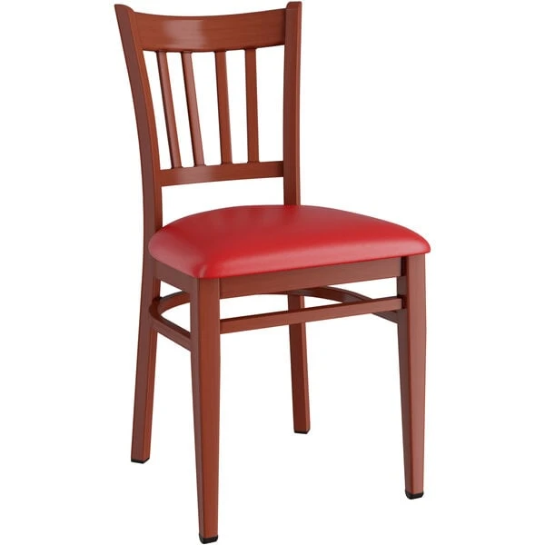 Deals ๐ฏ LT&S Spartan Series Lancaster Table & Seating Spartan Series Metal Slat Back Chair With Mahogany Wood Grain Finish And Red Vinyl Seat โจ - Image 2