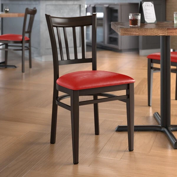 Outlet ✔️ LT&S Spartan Series Lancaster Table & Seating Spartan Series Metal Slat Back Chair With Walnut Wood Grain Finish And Red Vinyl Seat 😍