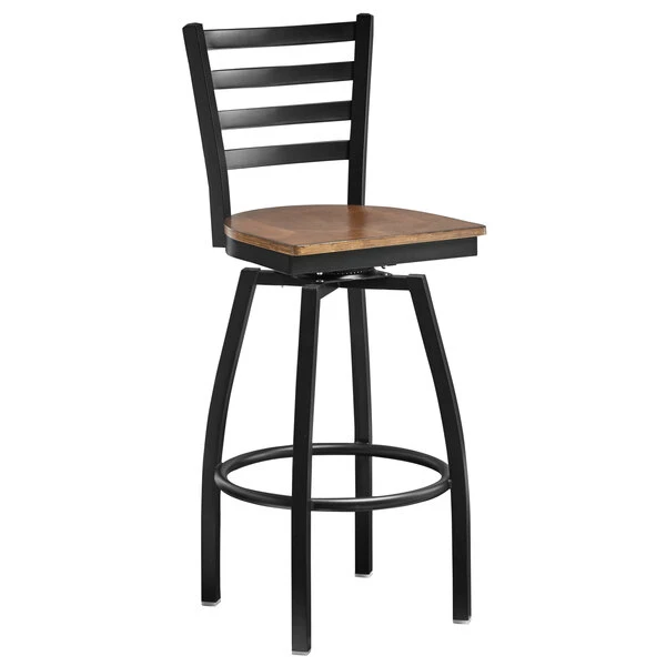 Outlet โ Lancaster Table & Seating Black Top Frame Ladder Back Swivel Bar Height Chair With Vintage Wood Seat ๐ - Image 2