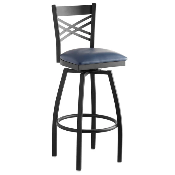 Best Pirce 😀 Lancaster Table & Seating Cross Back Bar Height Black Swivel Chair With Navy Vinyl Seat 🥰 - Image 2