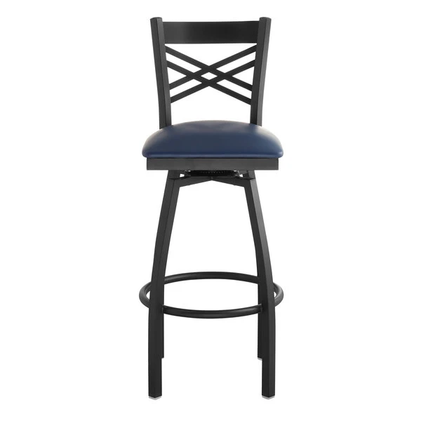 Best Pirce 😀 Lancaster Table & Seating Cross Back Bar Height Black Swivel Chair With Navy Vinyl Seat 🥰 - Image 4