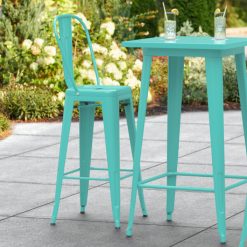 Wholesale ???? LT&S Alloy Series Lancaster Table & Seating Alloy Series Seafoam Metal Indoor / Outdoor Industrial Cafe Barstool With Vertical Slat Back And Drain Hole Seat ????