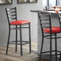Brand new ๐ Lancaster Table & Seating Black Frame Ladder Back Bar Height Chair With Red Padded Seat ๐ฅฐ