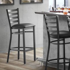 Coupon ⌛ Lancaster Table & Seating Black Frame Ladder Back Bar Height Chair With Black Padded Seat ????