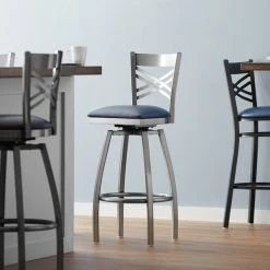 Hot Sale 🎁 Lancaster Table & Seating Clear 🧥 Coat Steel Cross Back Bar Height Swivel Chair With 2 1/2" Navy Vinyl Seat 😍