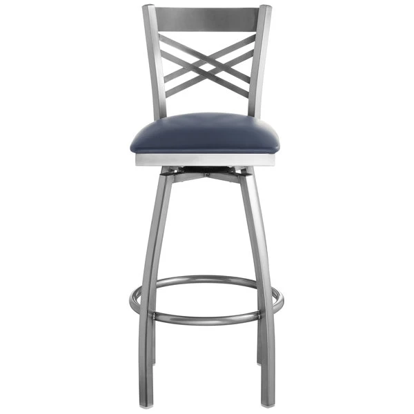 Hot Sale ๐ Lancaster Table & Seating Clear ๐งฅ Coat Steel Cross Back Bar Height Swivel Chair With 2 1/2" Navy Vinyl Seat ๐ - Image 4