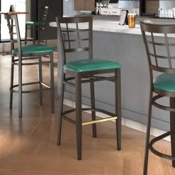 Flash Sale 🤩 LT&S Spartan Series Lancaster Table & Seating Spartan Series Bar Height Metal Window Back Chair With Walnut Wood Grain Finish And Green Vinyl Seat 👍