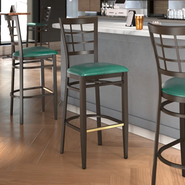 Flash Sale 🤩 LT&S Spartan Series Lancaster Table & Seating Spartan Series Bar Height Metal Window Back Chair With Walnut Wood Grain Finish And Green Vinyl Seat 👍