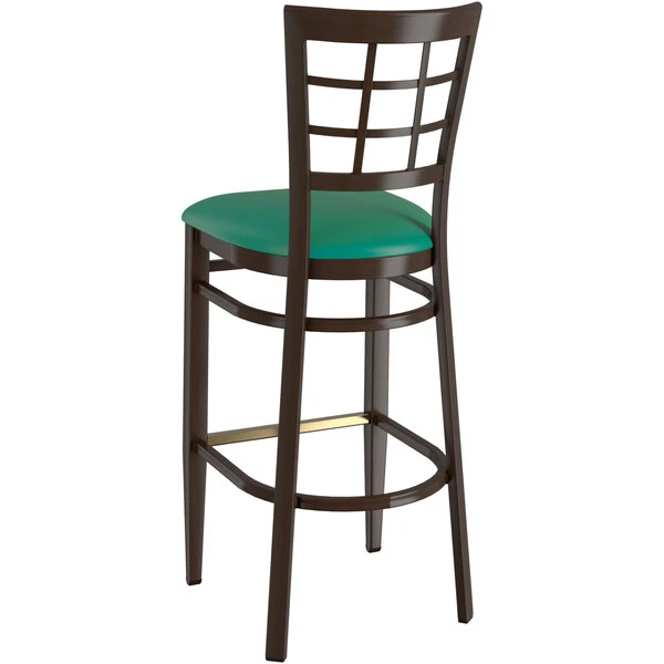 Flash Sale 🤩 LT&S Spartan Series Lancaster Table & Seating Spartan Series Bar Height Metal Window Back Chair With Walnut Wood Grain Finish And Green Vinyl Seat 👍 - Image 3