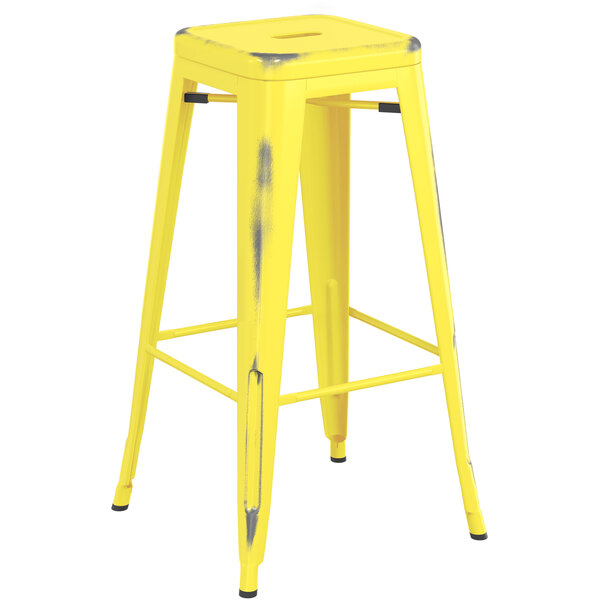 Wholesale ???? LT&S Alloy Series Lancaster Table & Seating Alloy Series Distressed Yellow Stackable Metal Indoor / Outdoor Industrial Barstool With Drain Hole Seat ???? 4 Wholesale ???? LT&S Alloy Series Lancaster Table & Seating Alloy Series Distressed Yellow Stackable Metal Indoor / Outdoor Industrial Barstool With Drain Hole Seat ???? - Image 2
