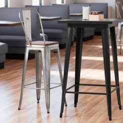 Brand new ✔️ LT&S Alloy Series Lancaster Table & Seating Alloy Series Clear ???? Coated Metal Indoor Industrial Cafe Bar Height Stool With Vertical Slat Back And Walnut Wood Seat ❤️