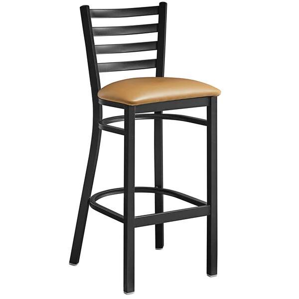 Budget 🔔 Lancaster Table & Seating Black Frame Ladder Back Bar Height Chair With Light Brown Padded Seat 🔥 - Image 2