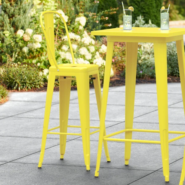 Buy โ LT&S Alloy Series Lancaster Table & Seating Alloy Series Yellow Metal Indoor / Outdoor Industrial Cafe Barstool With Vertical Slat Back And Drain Hole Seat ๐