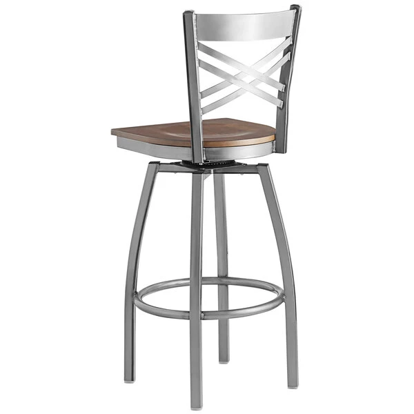 Brand new 🔥 Lancaster Table & Seating Cross Back Bar Height Clear 🧥 Coat Swivel Chair With Vintage Wood Seat ✨ - Image 3