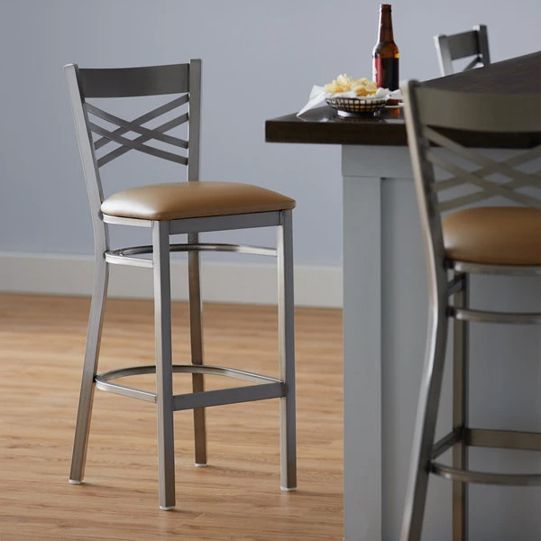 Discount 🥰 Lancaster Table & Seating Clear 🧥 Coat Steel Cross Back Bar Height Chair With 2 1/2" Light Brown Vinyl Seat 🎁