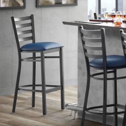 Flash Sale ???? Lancaster Table & Seating Black Frame Ladder Back Bar Height Chair With Navy Blue Padded Seat ????