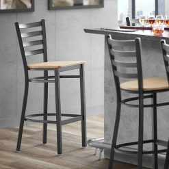 Hot Sale ???? Lancaster Table & Seating Black Frame Ladder Back Bar Height Chair With Natural Wood Seat ????