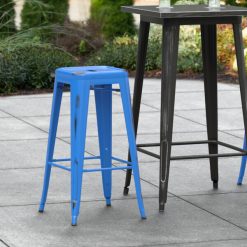 New ???? LT&S Alloy Series Lancaster Table & Seating Alloy Series Distressed Blue Stackable Metal Indoor / Outdoor Industrial Barstool With Drain Hole Seat ????