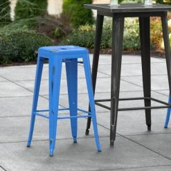 New 🔔 LT&S Alloy Series Lancaster Table & Seating Alloy Series Distressed Blue Stackable Metal Indoor / Outdoor Industrial Barstool With Drain Hole Seat 🎉