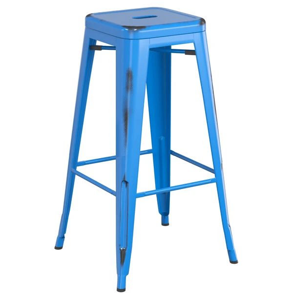New 🔔 LT&S Alloy Series Lancaster Table & Seating Alloy Series Distressed Blue Stackable Metal Indoor / Outdoor Industrial Barstool With Drain Hole Seat 🎉 - Image 2