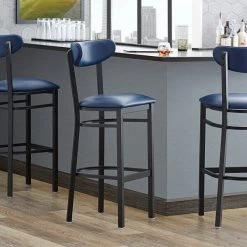 Buy ๐ LT&S Boomerang Series Lancaster Table & Seating Boomerang Bar Height Black ๐งฅ Coat Chair With Navy Vinyl Seat And Back โจ