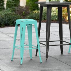Best deal ✨ LT&S Alloy Series Lancaster Table & Seating Alloy Series Distressed Seafoam Stackable Metal Indoor / Outdoor Industrial Barstool With Drain Hole Seat ✔️