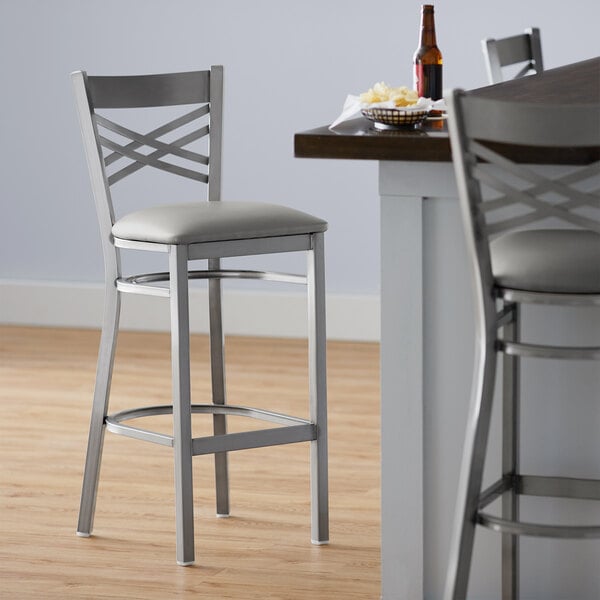 Lancaster Table & Seating Clear Coat Cross Back Bar Height Chair with Light Gray Padded Seat Promo ???? Lancaster Table & Seating Clear ???? Coat Cross Back Bar Height Chair With Light Gray Padded Seat ???? -Lancaster Shop unnamed file 467