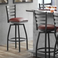 Brand new 🔔 Lancaster Table & Seating Black Top Frame Ladder Back Swivel Bar Height Chair With Burgundy Padded Seat 😀