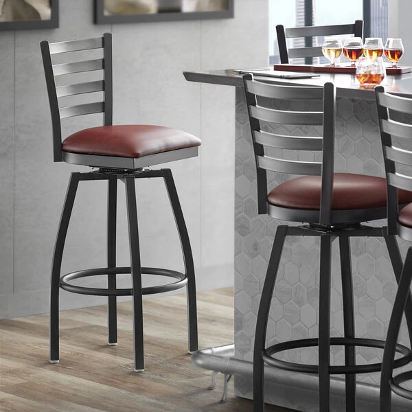 Brand new 🔔 Lancaster Table & Seating Black Top Frame Ladder Back Swivel Bar Height Chair With Burgundy Padded Seat 😀