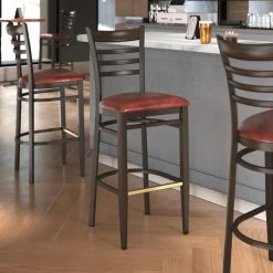 Hot Sale ⌛ LT&S Spartan Series Lancaster Table & Seating Spartan Series Bar Height Metal Ladder Back Chair With Walnut Wood Grain Finish And Burgundy Vinyl Seat 🎁