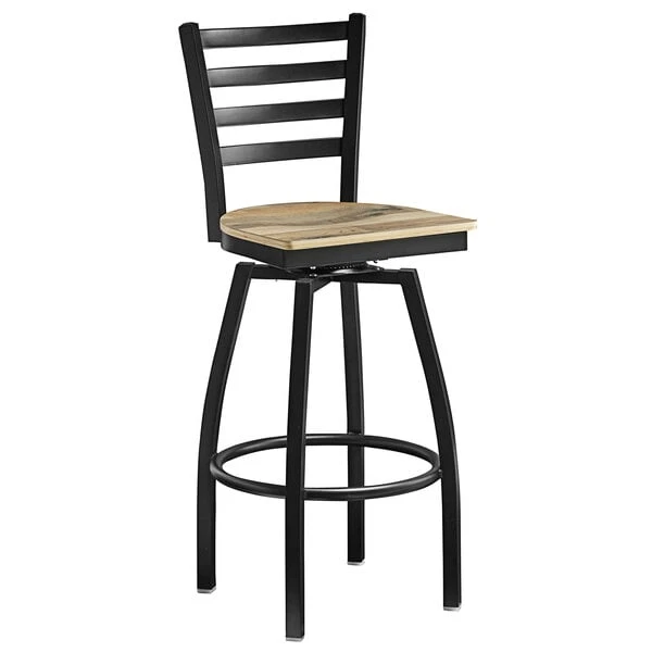 Deals 👏 Lancaster Table & Seating Black Top Frame Ladder Back Swivel Bar Height Chair With Driftwood Seat 😀 - Image 2